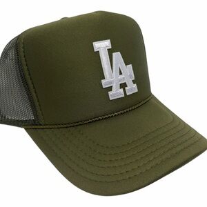 NEW HANDMADE DARK OLIVE GREEN LA LOS ANGELES DODGERS TRUCKER HAT SNAPBACK